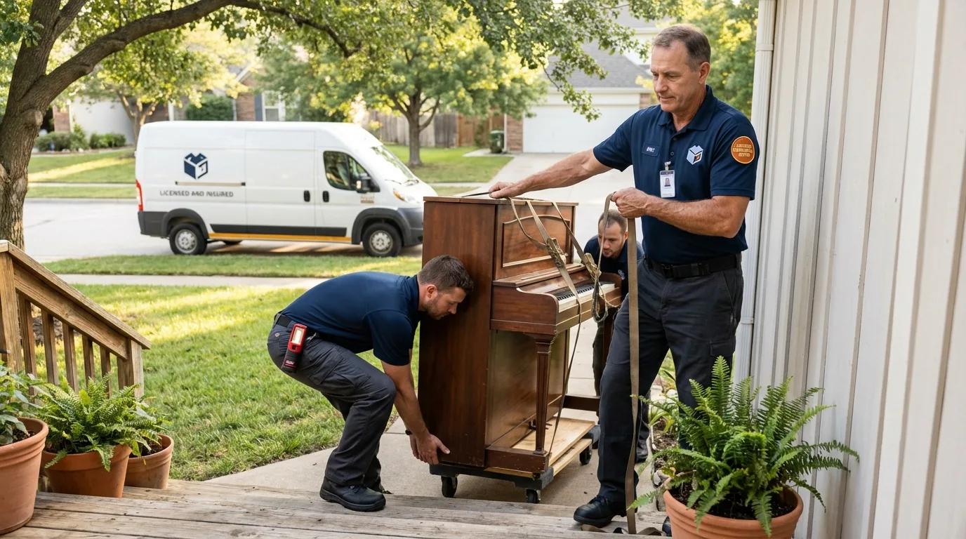 Licensed piano movers securing grand piano in Frankfort, IL