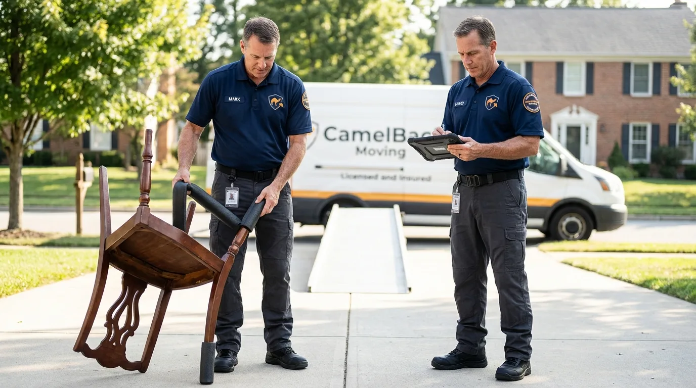 Movers inspecting furniture for damage prevention before loading in Frankfort, IL