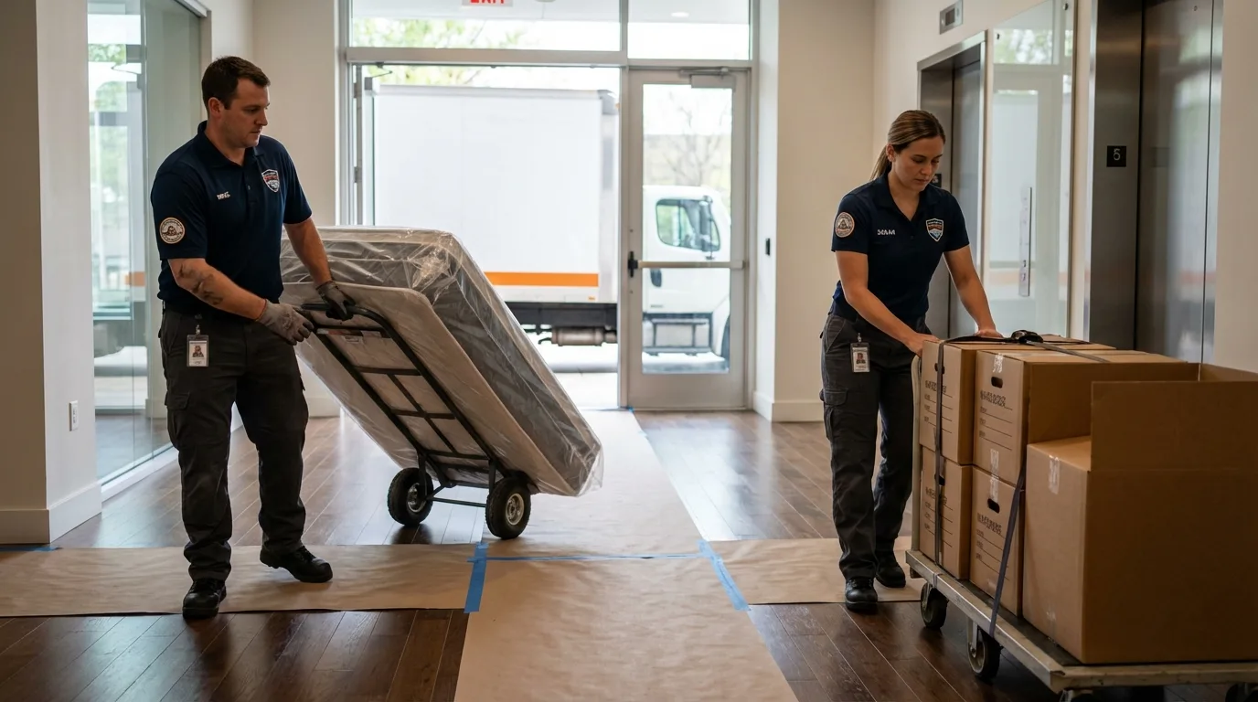 Professional apartment movers loading elevator in Frankfort, IL